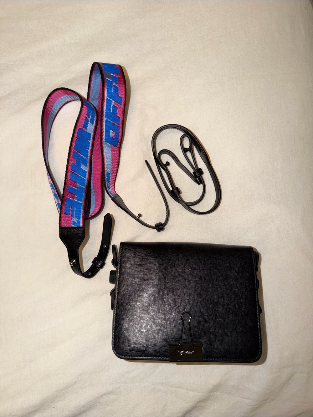 OffWhite Black Crossbody Bag with Colorful Detachable Strap. Brand new